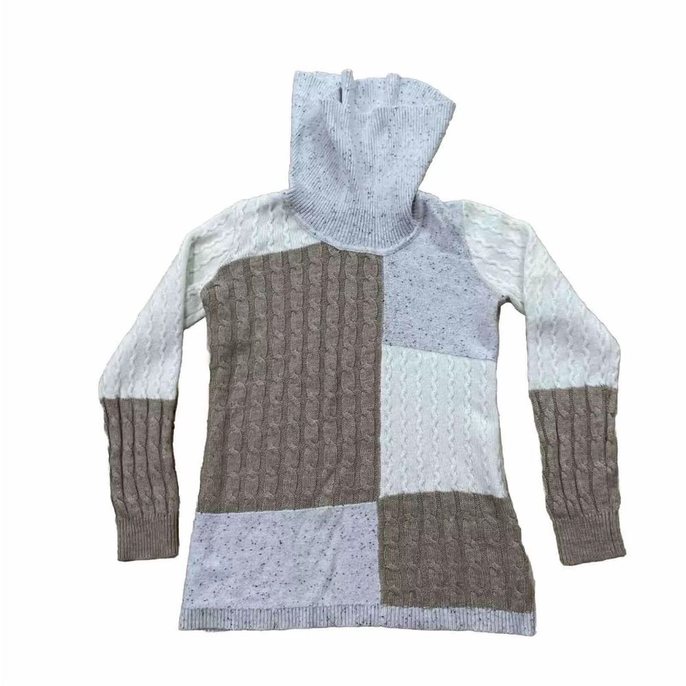 CALVIN KLEIN Patchwork Sweater Turtleneck Tan Long Sleeve Cable Knit Womens S